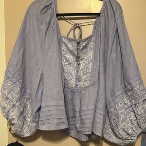 Anthropologie Gray Tie Front Blouse with Ruffled Sleeves